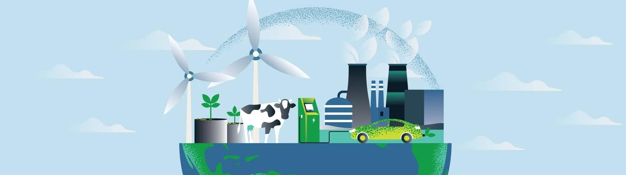 Illustration d'une planète avec des éoliennes, un véhicule électrique, une vache et une usine.