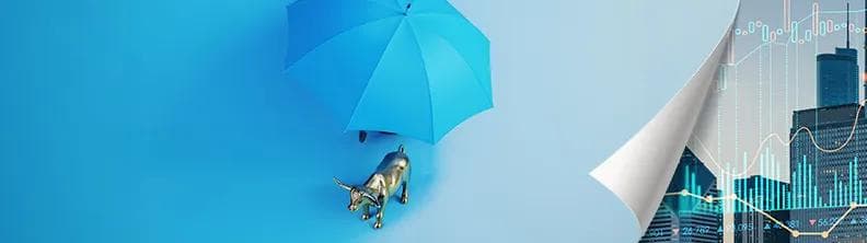 Illustration d’une page de magazine que l’on tourne : Un taureau d’or sous un parapluie 