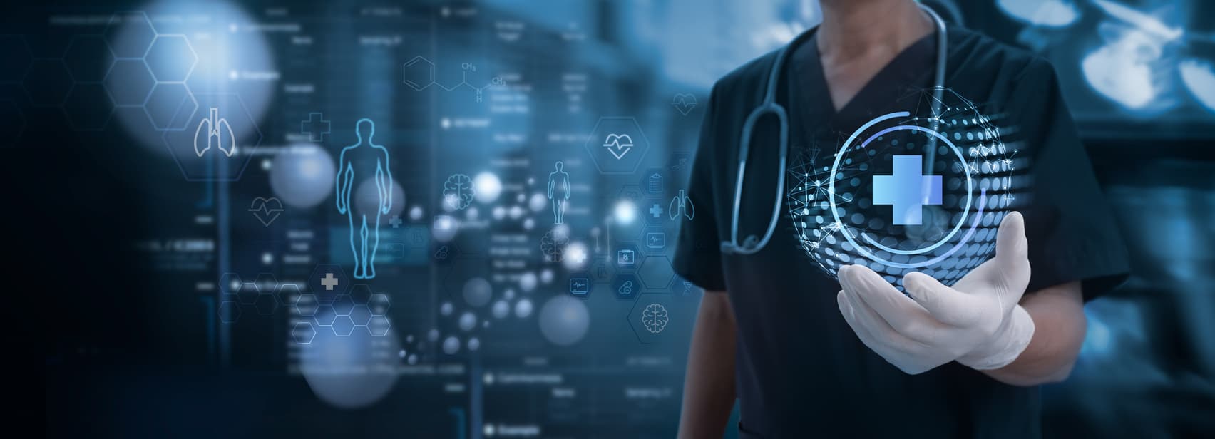 Technologie médicale. Médecin tenant l'icône de la santé avec l'ADN