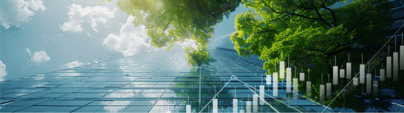 Les données d’un graphique sont superposées à une perspective en plongée d’un immeuble de bureaux et d’un arbre vert.