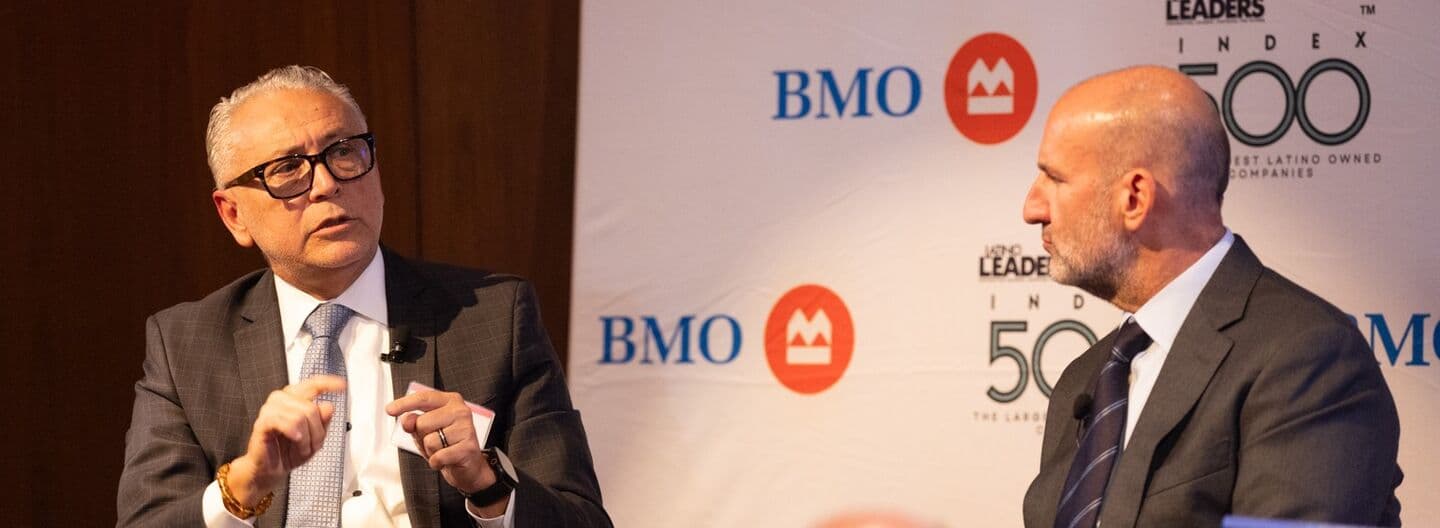 Pancho Gonzalez and Alan Tannenbaum speaking at the Latino Leaders Magazine, Powered by BMO Index 500 event in New York City.