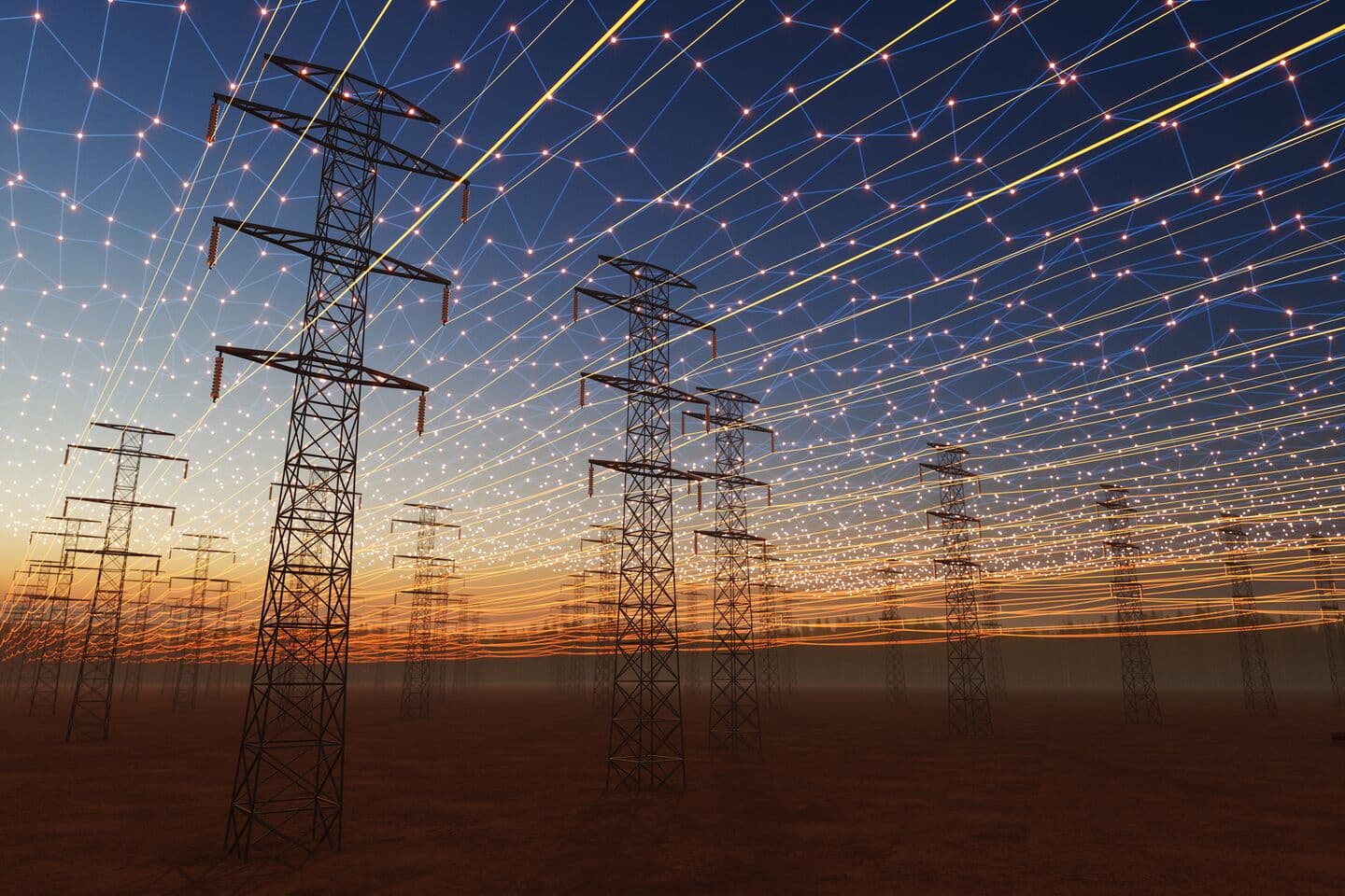 Tours de transmission à haute tension sous une superposition graphique représentant un réseau énergétique numérique.