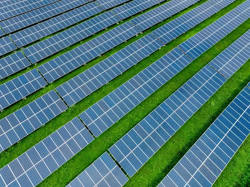 An aerial view of a solar farm.