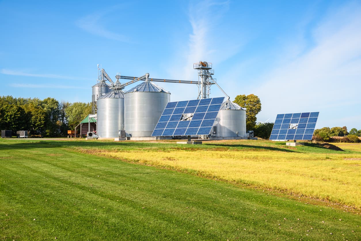 Des panneaux solaires pour la production d’électricité sur une ferme lors d’une journée d’automne