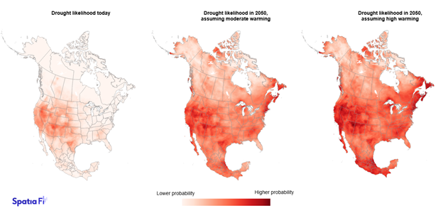 North American maps comparing drought conditions under moderate and high warming today and in 2050 